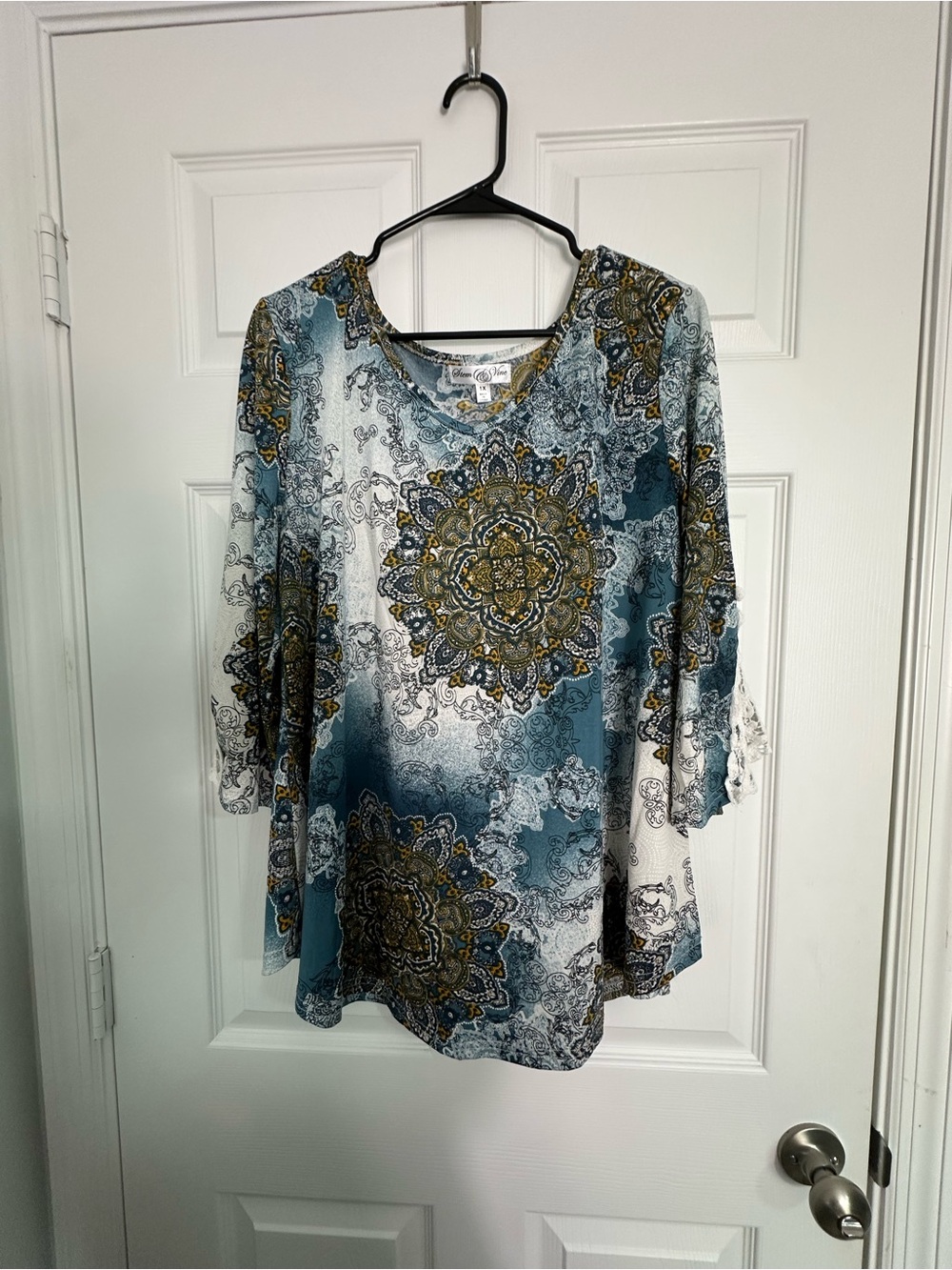 V-Neck Blue Medallion Tunic Top with Lace Trim